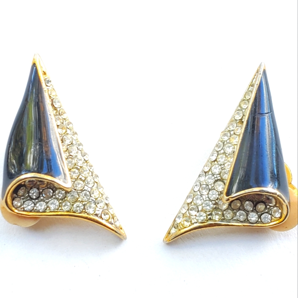 Vintage Black Enamel & Clear Rhinestone Clip Earrings Unsigned